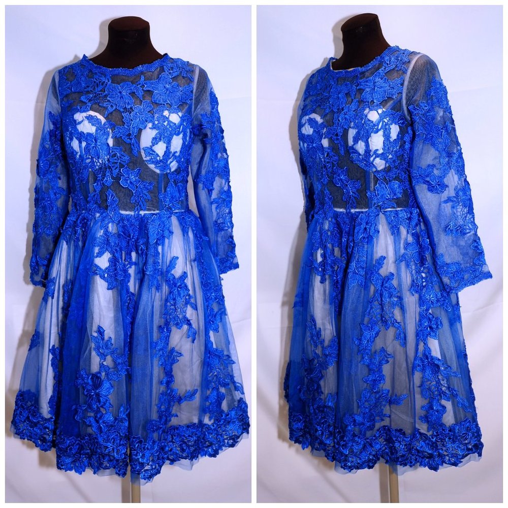 VTG 80s See-Through Party Dress Blue Floral Design